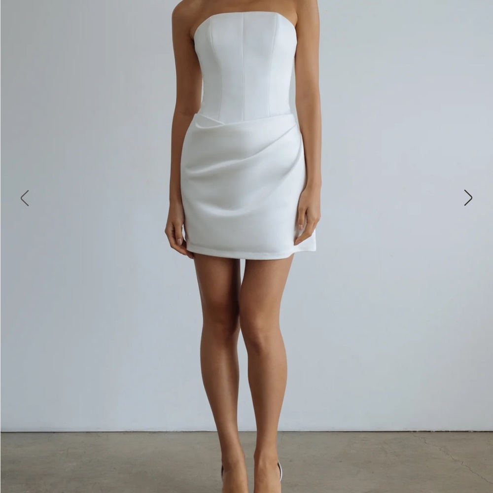 Jenny Yoo Strapless White Mini Dress with Draped Waist Detail (Holly)